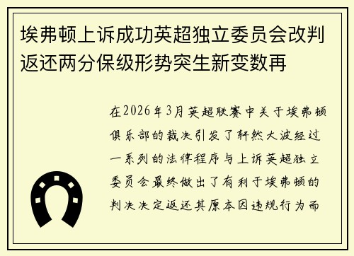 埃弗顿上诉成功英超独立委员会改判返还两分保级形势突生新变数再 埃弗顿上诉成功英超独立委员会改判返还两分保级形势突生新变数再